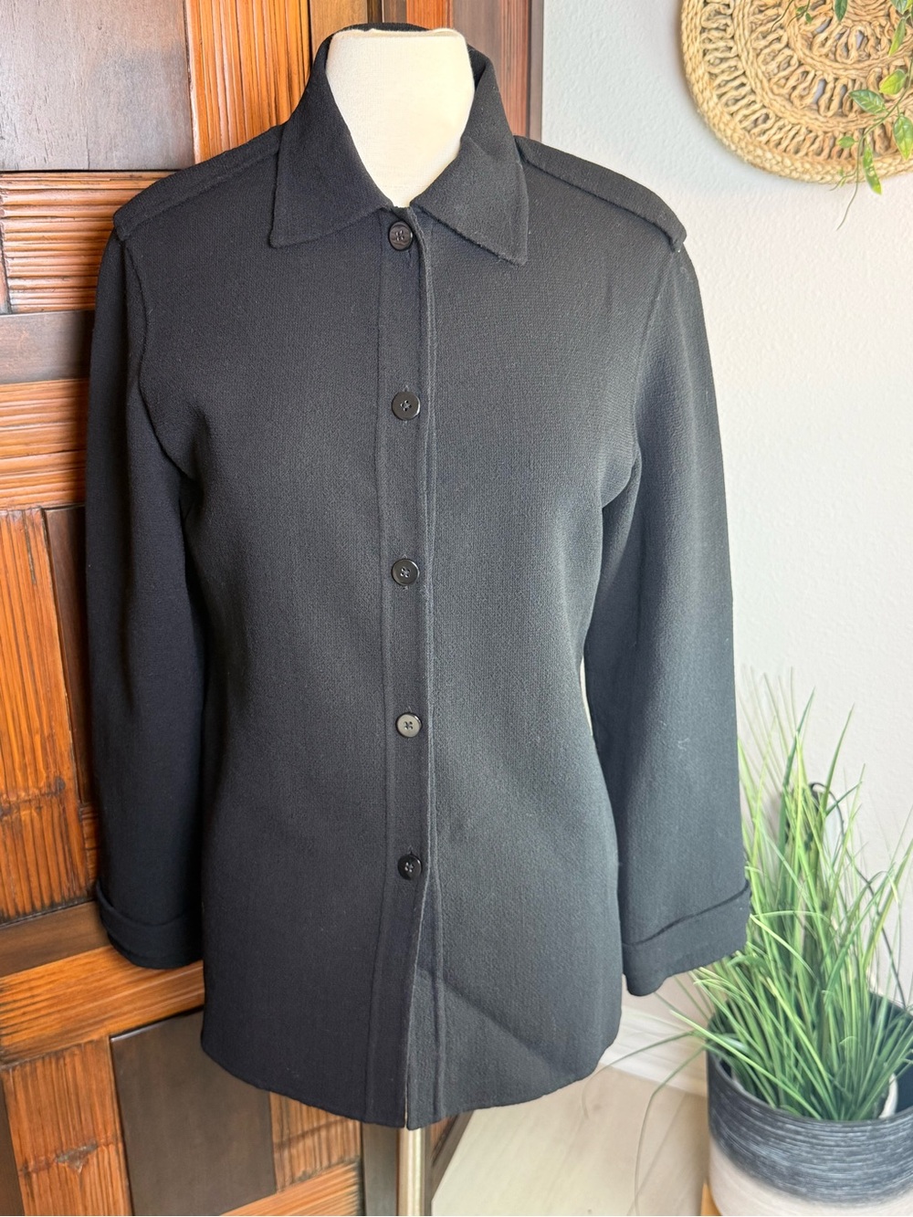Vintage 1990s Linda Allard Ellen Tracy Black Wool Shirt Jacket Blazer Size 10 - Picture 2 of 12